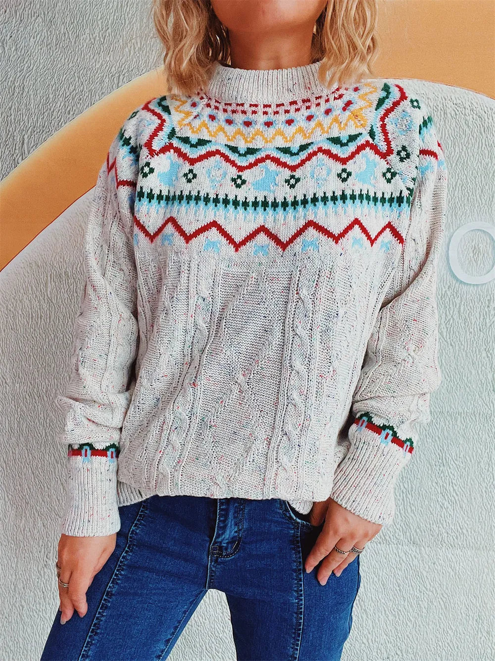 Round neck loose pullover knitting Fried Dough Twists Christmas sweater for women