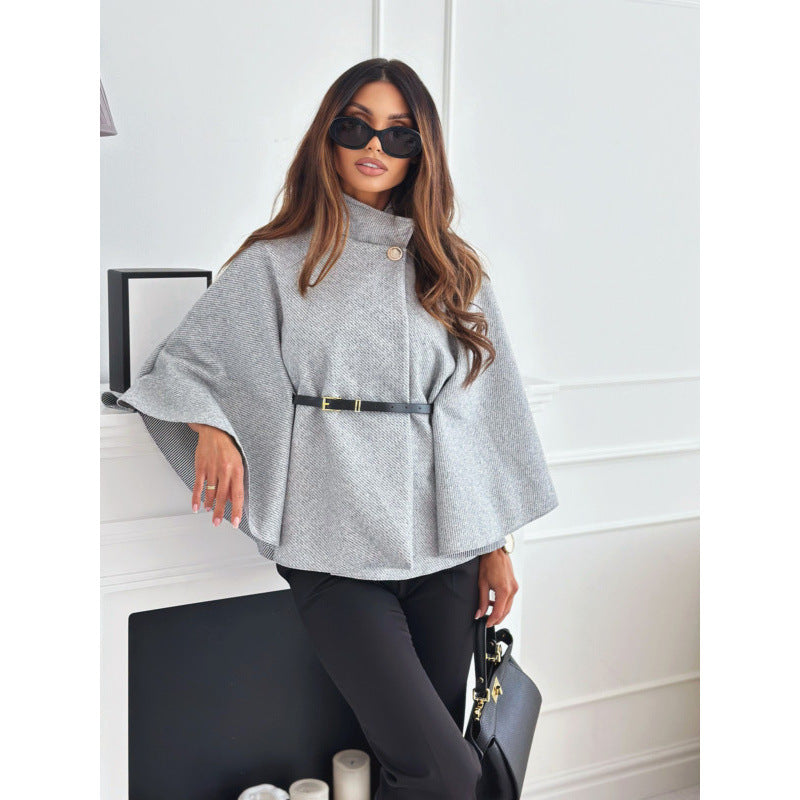 Fashionable Elegant Woolen Cape Coat for Women with Belted Waist, Solid Color, Winter Style