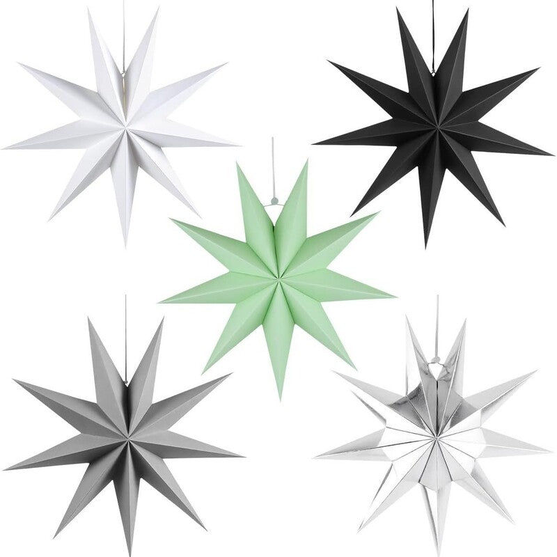 5-Pack 3D Origami Paper Star Ornaments, Colorful Christmas Tree Hanging Decor for Xmas Party Home Festival