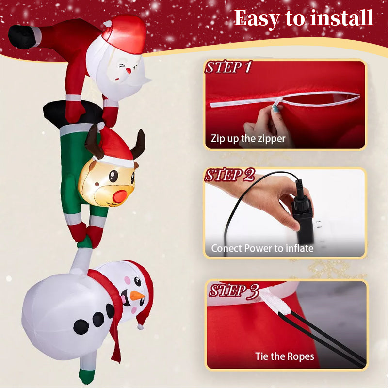 8ft Inflatable Christmas Decoration, Santa Climbing Roof with Reindeer & Snowman/Elf, Indoor Decor