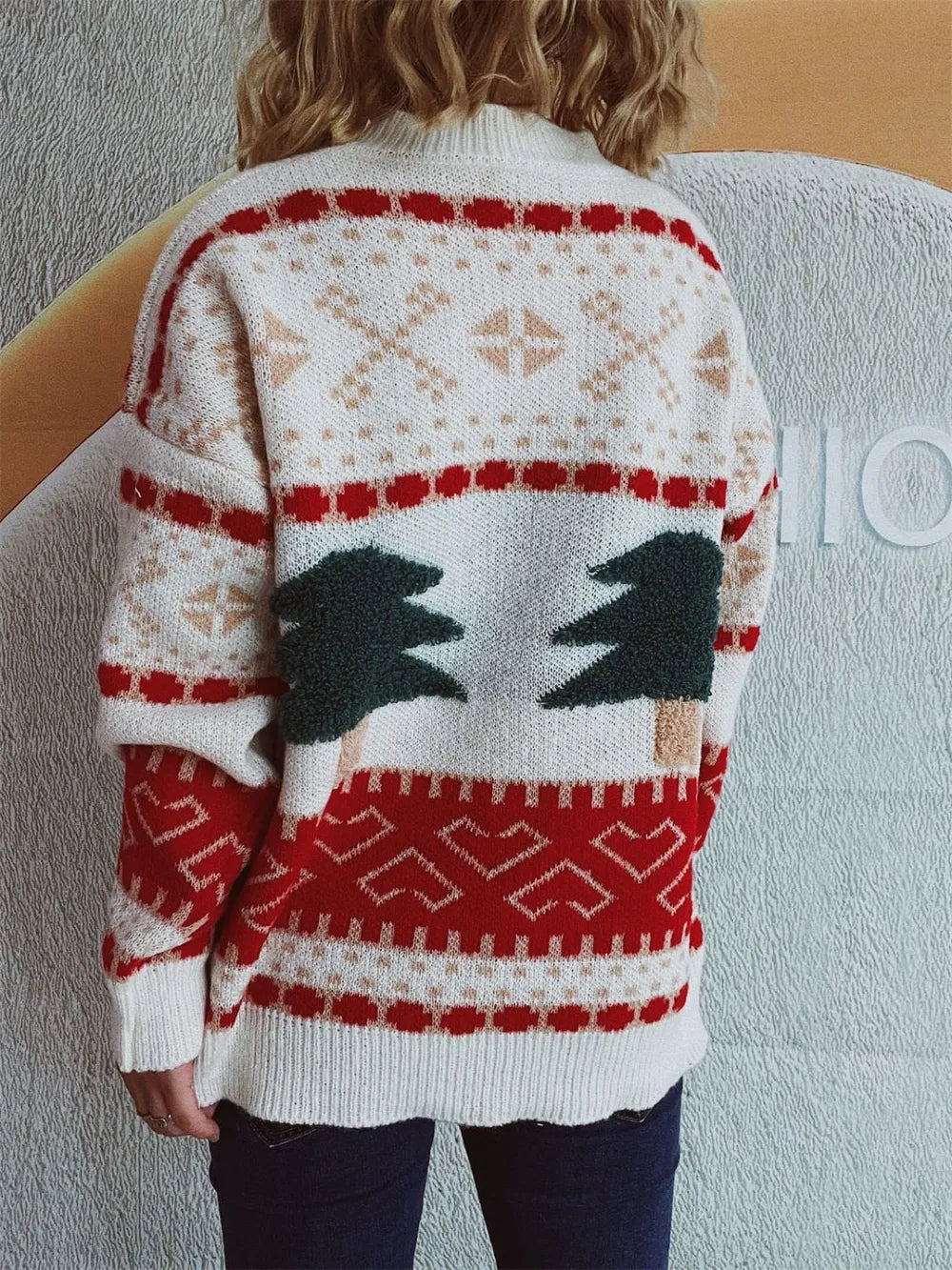Knitted Christmas Tree Cartoon Jacquard Holiday New Year Sweater