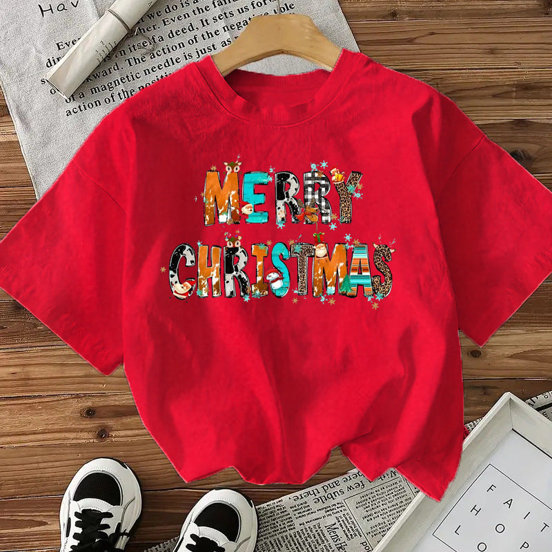 Cotton Women's Short Sleeve Fashion Style Top American Christmas Letter New Arrival