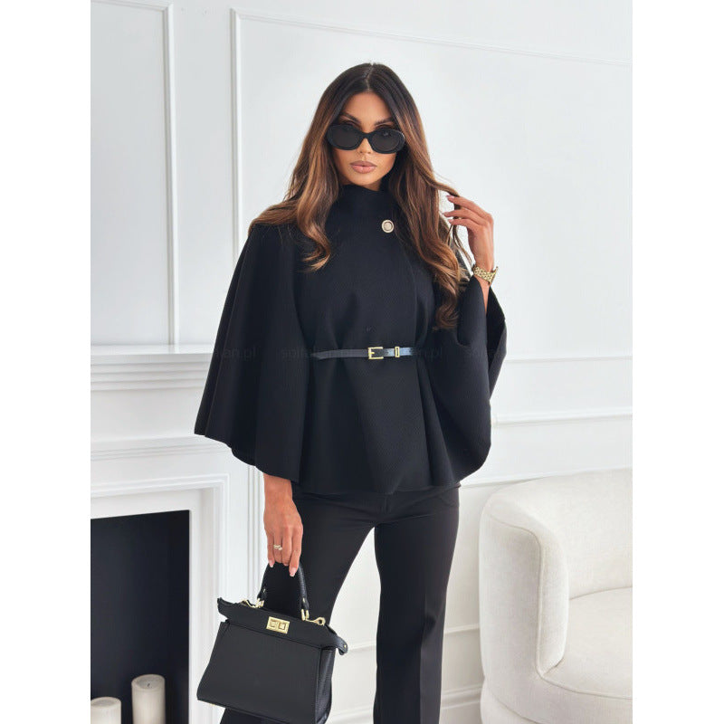 Fashionable Elegant Woolen Cape Coat for Women with Belted Waist, Solid Color, Winter Style