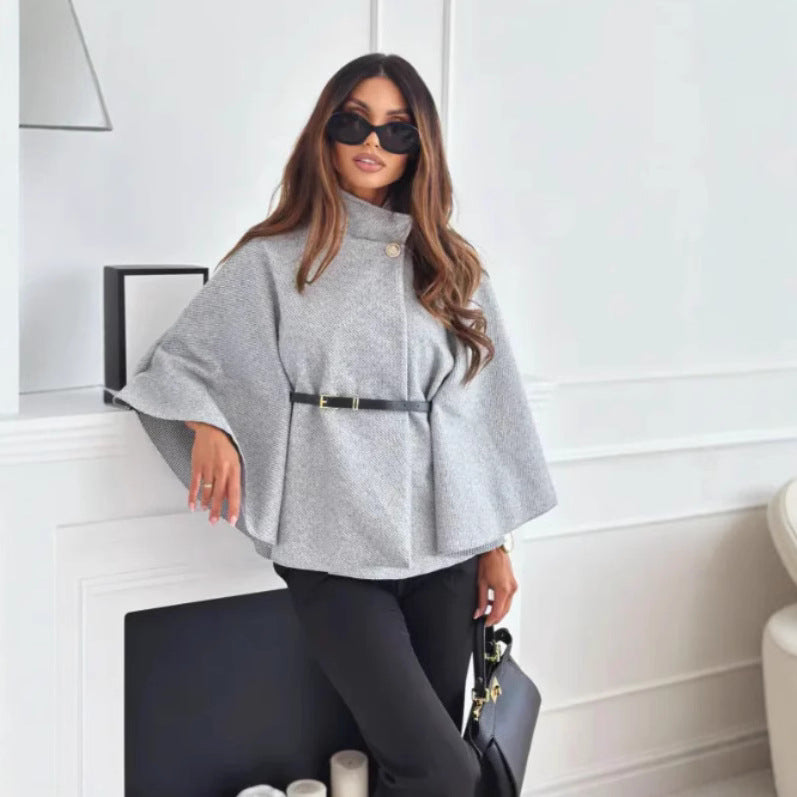 Fashionable Elegant Woolen Cape Coat for Women with Belted Waist, Solid Color, Winter Style