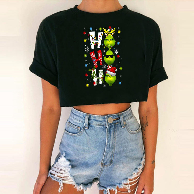 Women's Short Top Christmas Crop Top INS Style Spicy Girl Basic Short Sleeve Round Neck T-Shirt