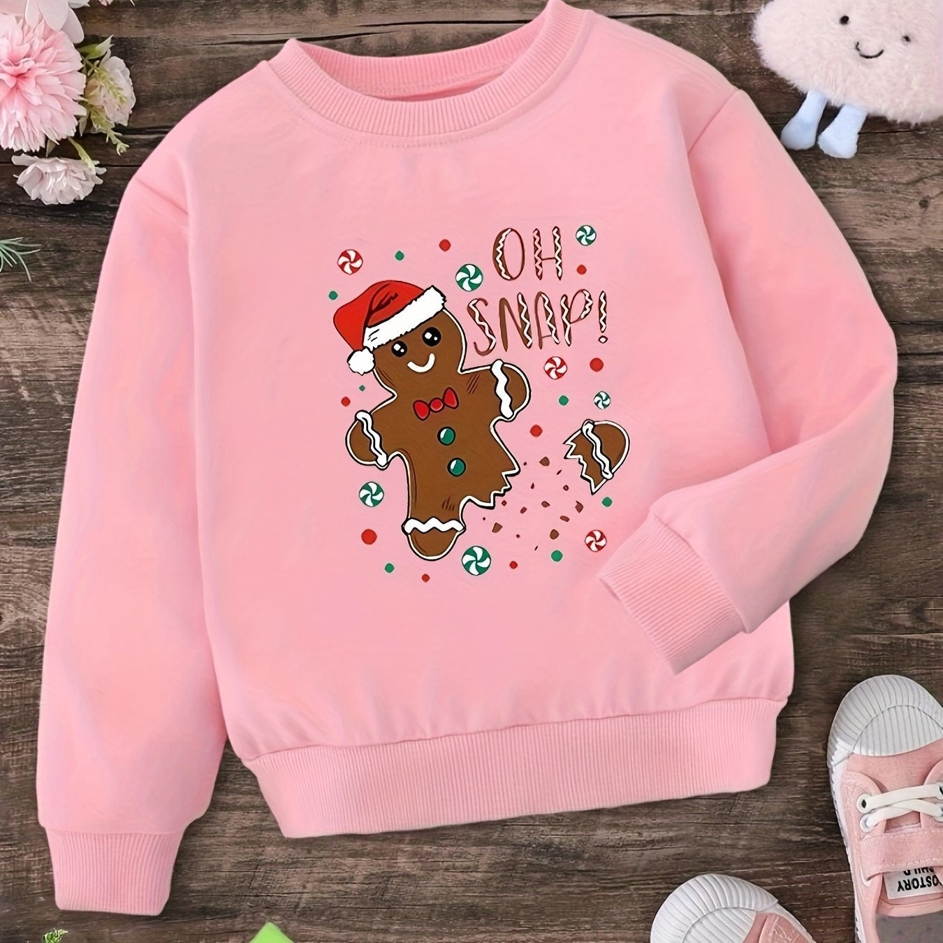Christmas Gingerbread Graphic Girl Crew Neck Sweatshirt, Tod